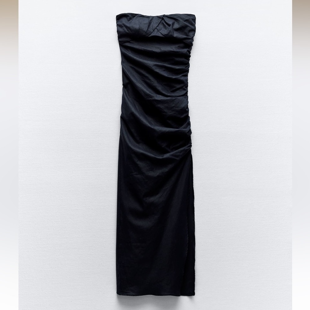 New ZARA Linen Bland Ruched Strapless Midi Dress - Picture 3 of 7